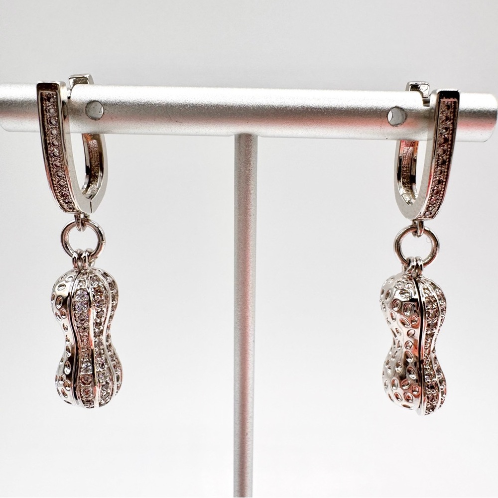 Peanut Earrings And Matching Peanut Pendant Silver Tone Stamped 925 Rhinestones - Picture 10 of 14